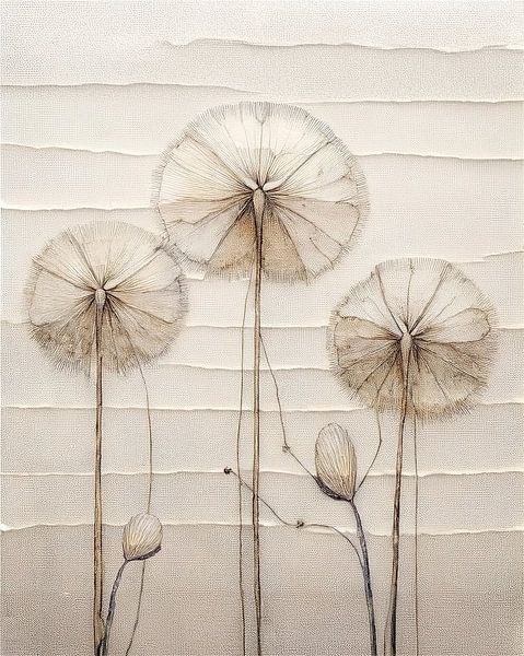 Abstraktes Japandi Kunstwerk von 3 verbrauchten Pusteblumen von Studio Pieternel