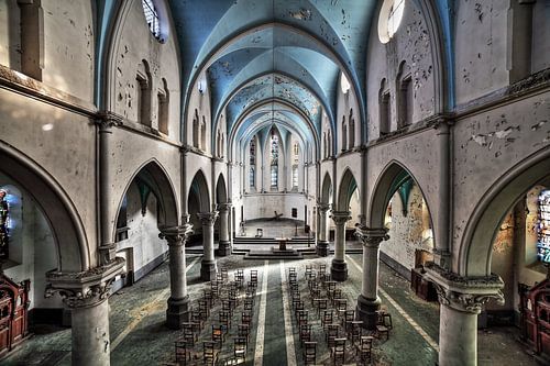 Urbex colourful abandoned church with chairs
