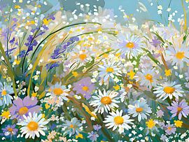 Sonniges und fröhliches Bild: Weiße Gänseblümchen im Gras von Studio Pieternel