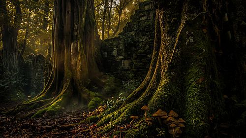 Oerbos met Paddestoelen en een duistere sfeer.