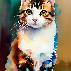 Aquarell Portrait weiß gestreifte Katze von Maud De Vries