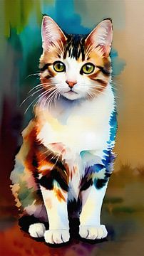 Aquarel portret witte gestreepte kat van Maud De Vries