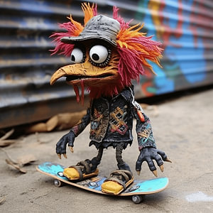 Vogelpuppe auf Rollen Skateboard
