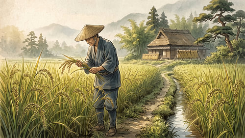 Traditional Farmer Harvesting Golden Japanese Rice