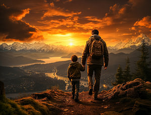 Vater mit seinem Sohn wandert in den Bergen bei Sonnenuntergang