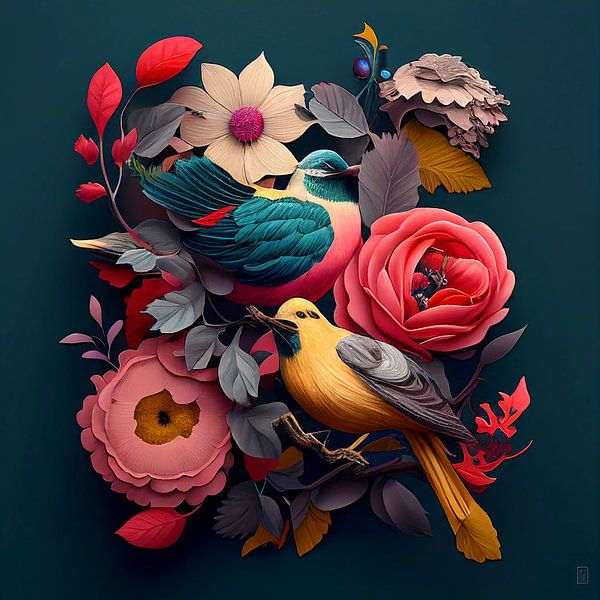 Birds with flowers on blue background by Harvey Hicks