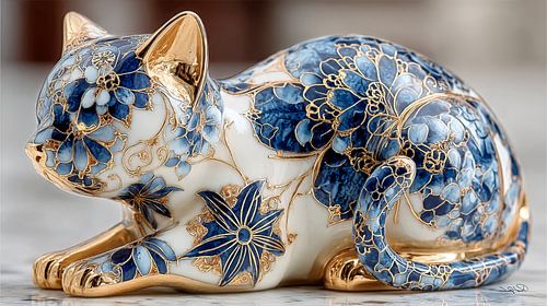 poes / kat in delfts blauw en goud op een wit marmeren achtergrond