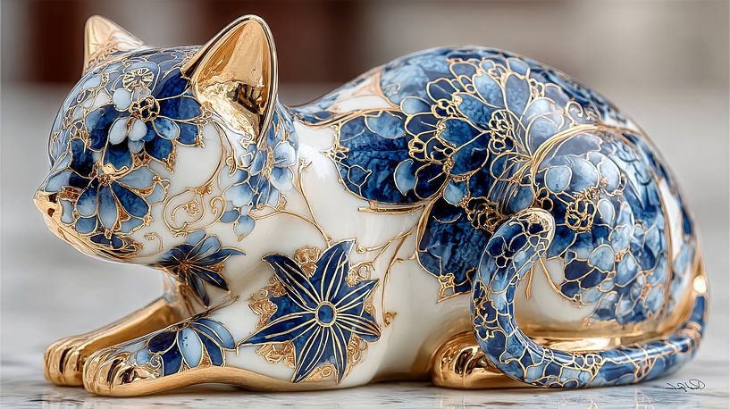 Katze in Delfter Blau und Gold auf weißem Marmorgrund von Gelissen Artworks