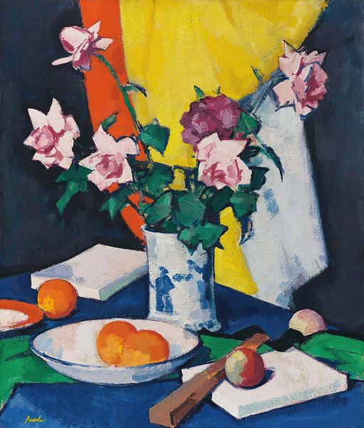 Samuel John Peploe - Rote und rosa Rosen, Orangen und Fächer (um 1925) von Peter Balan
