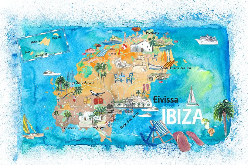 Ibiza Spanje geïllustreerde kaart met bezienswaardigheden en hoogtepunten van Markus Bleichner