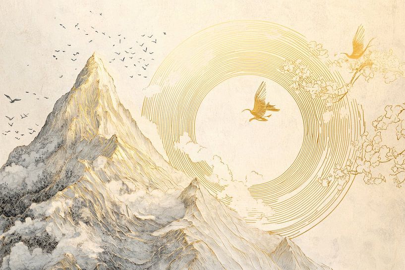 Silent power of mountains and birds with gold details by Digitale Schilderijen