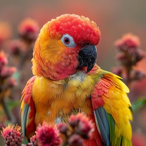 Close-Up Of A Sun Conure Parrot With Bright Feathers
