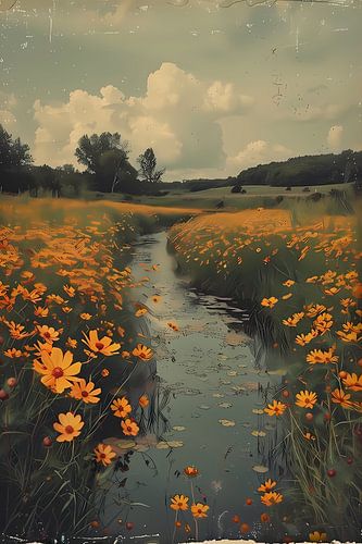 Gouden bloemen langs meanderende rivier
