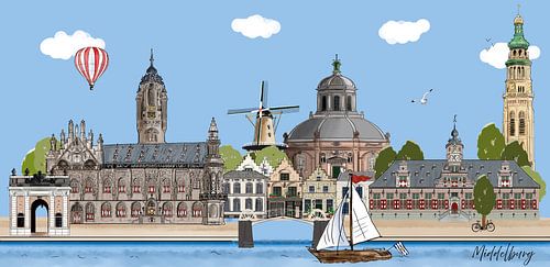 Getekende skyline Middelburg van Debbie van Eck