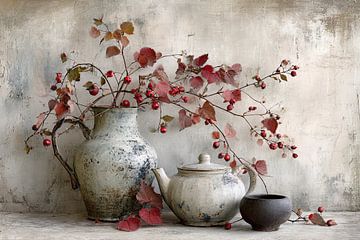 Wabi Sabi still life with jars and red berries - soothing artwork by Joriali photography and paintings