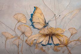 Art-Nouveau stijl: Gouden vlinder op bloem met ginkgo bladeren