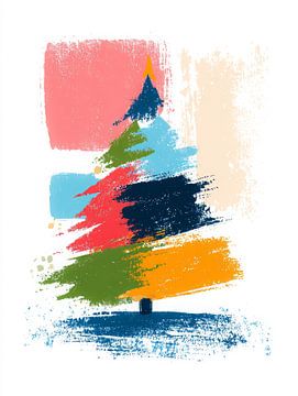 Abstracte kerstboom in kleurrijke verfstreken op witte achtergrond van But First Framing