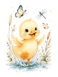 Happy Baby Duck Playing in Water – Whimsical Watercolor Nursery Illustration by DNArt Gallery's
