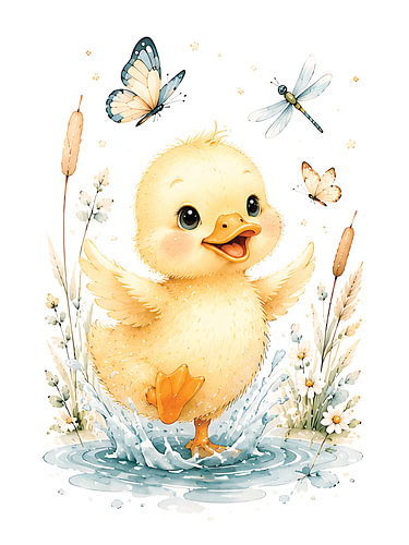 Glückliche Entenküken beim Spielen im Wasser – verspielte Aquarell-Illustration für das Kinderzimmer
