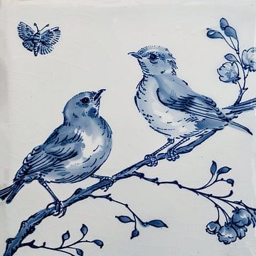 Delfts Blauw Kunstwerk: Tegel met Vogels, Bloemen en Vlinder van Vlindertuin Art