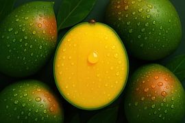 Mango-Hälfte zwischen frischen Blättern von Art & Soul Creations