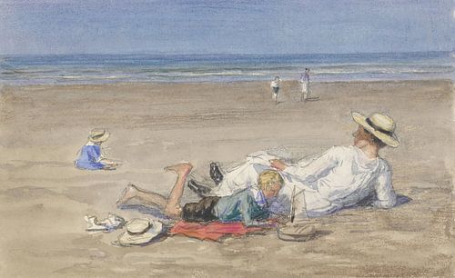 Rustende oppas met twee kinderen op het strand - Johan Antonie de Jonge