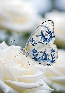 Delfts Blauwe Vlinder op Witte Roos van Studio Ypie