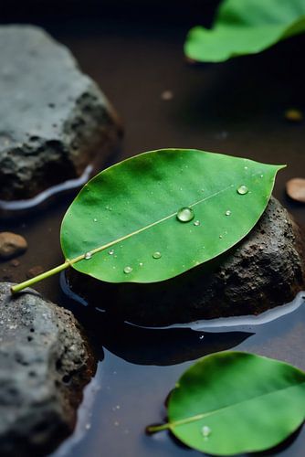Grünes Blatt auf Felsen im Wasser mit anderen Felsen und Blättern