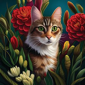 Red tomcat among flowers by Jadzia Klimkiewicz