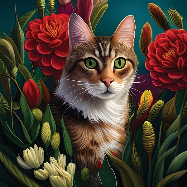 Chat roux parmi les fleurs par Jadzia Klimkiewicz