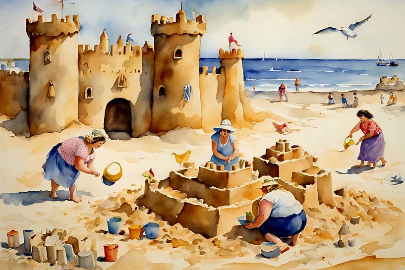 Sociable ladies build a sandcastle by De gezellige Dames