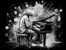 Moderne Person, die Klavier spielt, in Schwarz-Weiß von STUDIO ARTSY