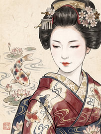 Zeitlose Eleganz: Eine Geisha inmitten von Koi und Lotusblüten – ein Bild der Harmonie von my pixel art