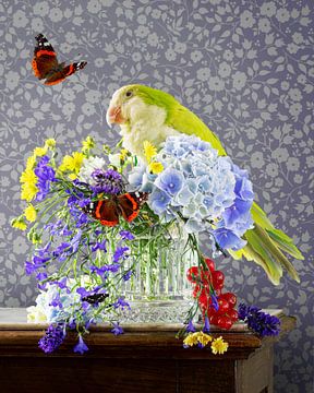 Nature morte 'Avec cockatiel et fleurs sur Willy Sengers