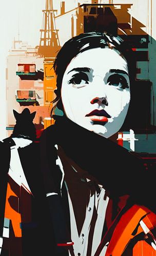 Girl in red, black and white