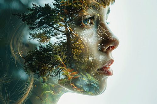 double exposure vrouw en bos