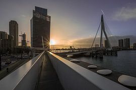 Rotterdam, het KPN-gebouw en de Erasmusbrug bij zonsondergang