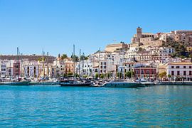 Boats in front of the old town of Ibiza Town