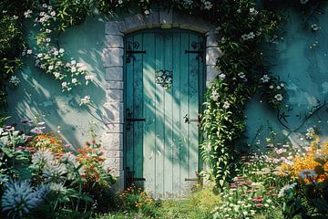 Vieille porte bleu-vert menant à un jardin caché sur Vlindertuin Art