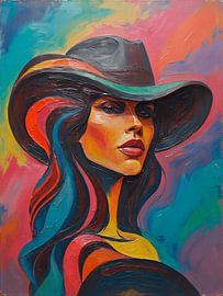 Farbenfrohes Porträt einer Frau mit Cowboyhut von STUDIO ARTSY