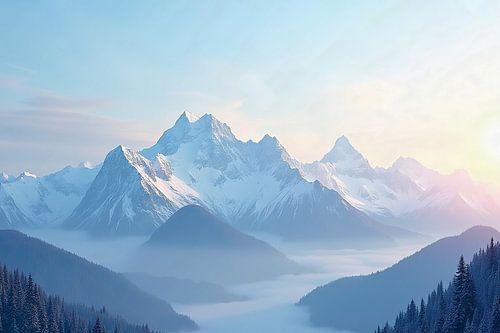 Snow-covered peaks in the light of the morning sun