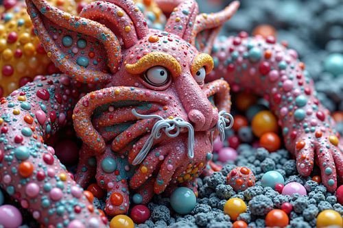 Close-up van een roze wezentje met meerdere texturen tussen bollen