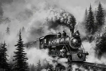 Stoomlocomotief in het mistige bos van Poster Art Shop