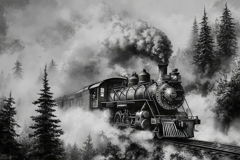Dampflok im nebligen Wald von Poster Art Shop