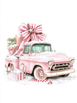 Retro pick-up truck met kerstcadeaus in pasteltinten van But First Framing