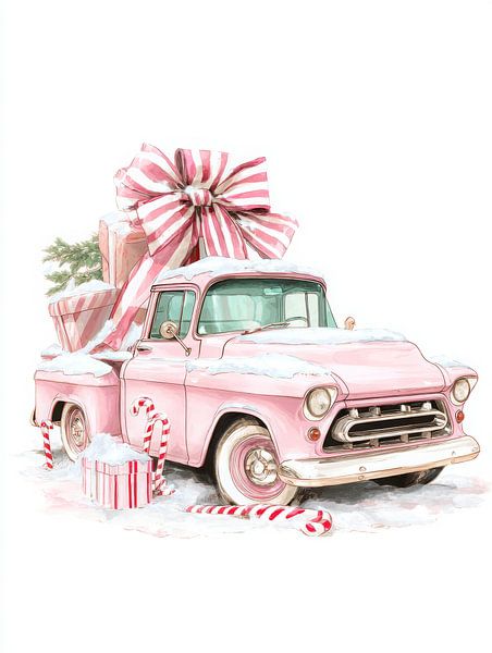 Retro-Pick-up-Truck mit Weihnachtsgeschenken in Pastelltönen von But First Framing
