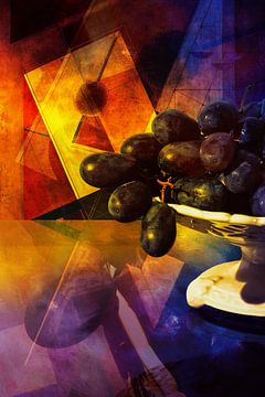 Stilleven met druiven en vierkanten, links van Helga Blanke