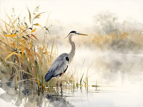 A heron in the autumn mist