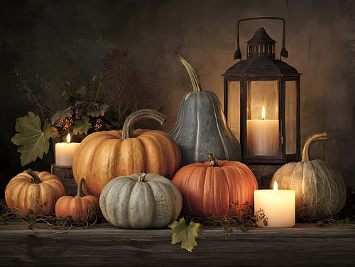 Een rustiek stilleven van herfstpompoenen