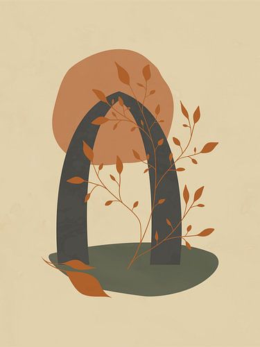 Minimalistische landschap met een boom en een poortboog